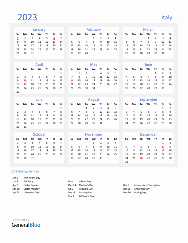Basic Yearly Calendar with Holidays in Italy for 2023 