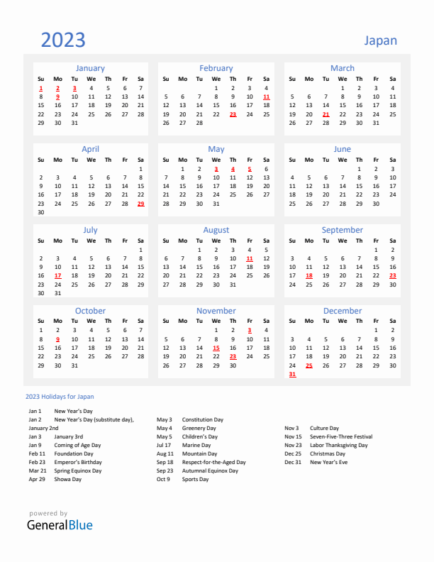 Basic Yearly Calendar with Holidays in Japan for 2023 