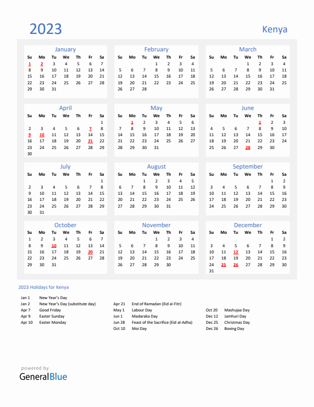 Basic Yearly Calendar with Holidays in Kenya for 2023 