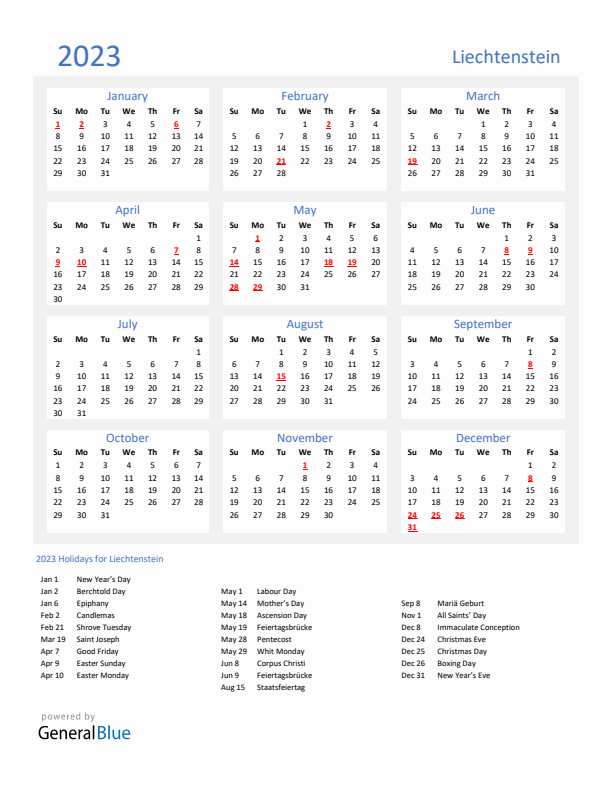 Basic Yearly Calendar with Holidays in Liechtenstein for 2023 