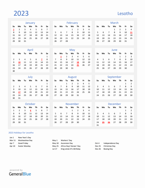 Basic Yearly Calendar with Holidays in Lesotho for 2023 