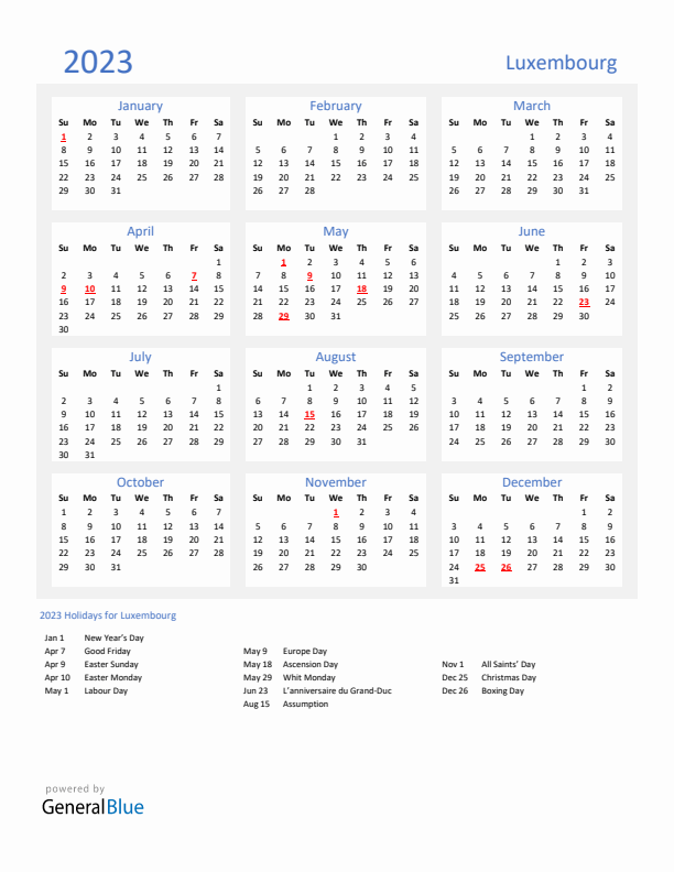 Basic Yearly Calendar with Holidays in Luxembourg for 2023 