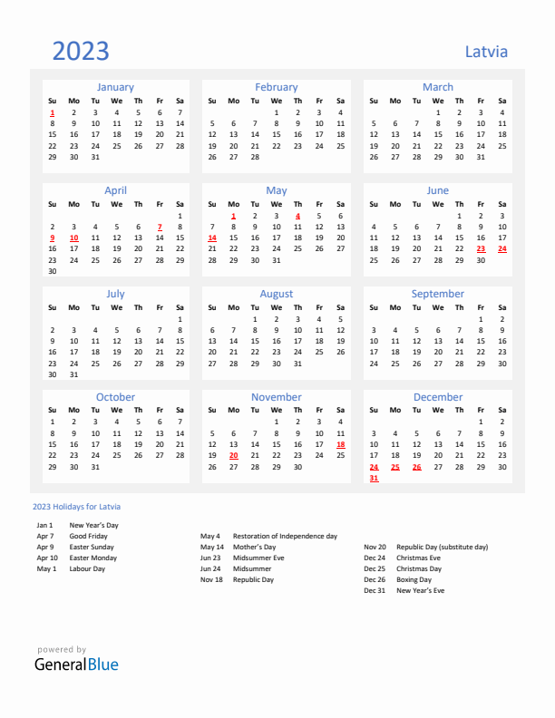 Basic Yearly Calendar with Holidays in Latvia for 2023 
