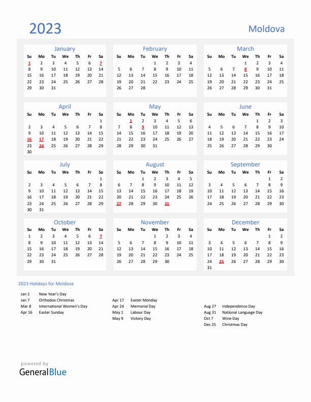 Basic Yearly Calendar with Holidays in Moldova for 2023 