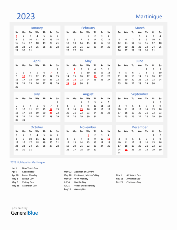 Basic Yearly Calendar with Holidays in Martinique for 2023 
