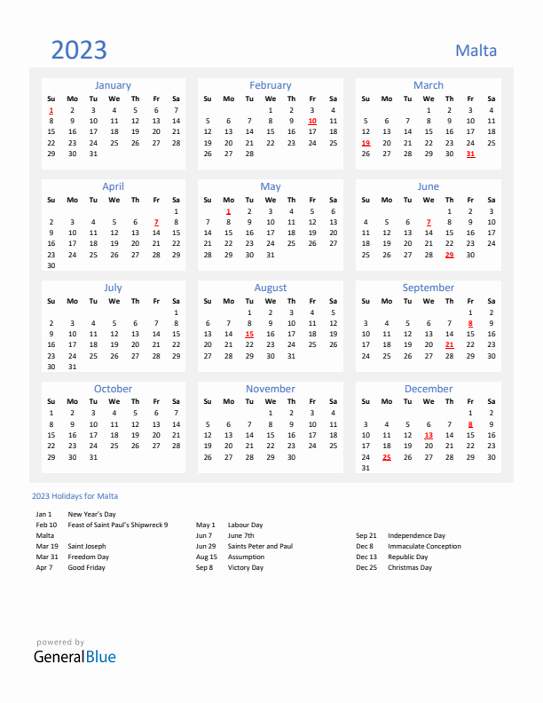 Basic Yearly Calendar with Holidays in Malta for 2023 