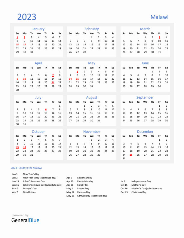 Basic Yearly Calendar with Holidays in Malawi for 2023 