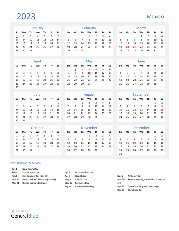 Basic Yearly Calendar with Holidays in Mexico for 2023 
