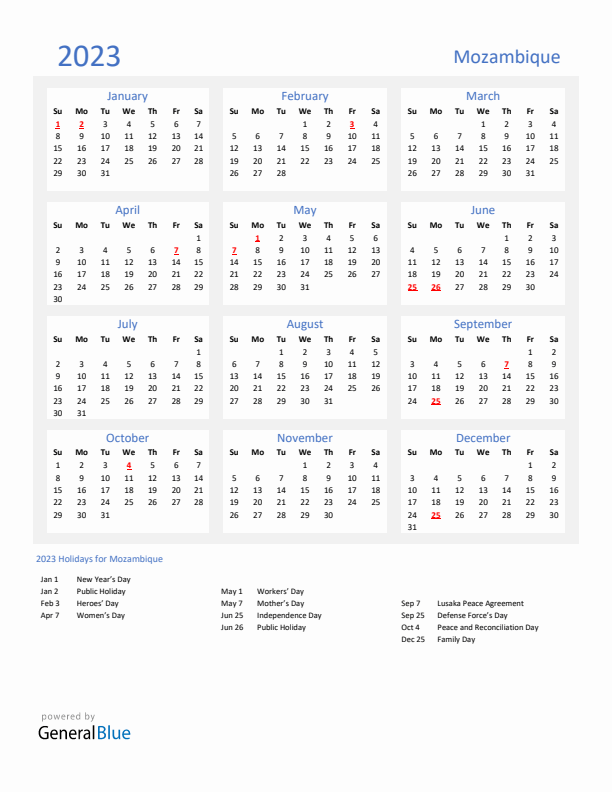 Basic Yearly Calendar with Holidays in Mozambique for 2023 