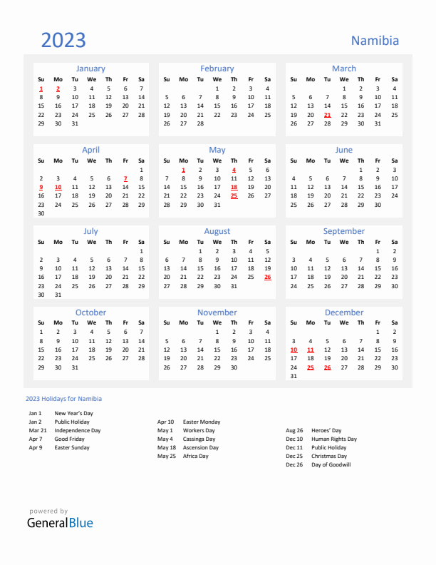 Basic Yearly Calendar with Holidays in Namibia for 2023 