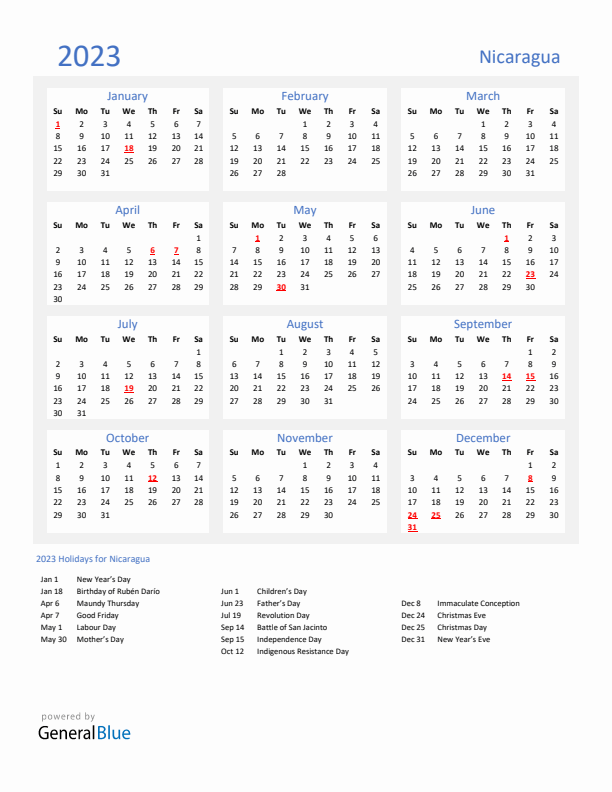 Basic Yearly Calendar with Holidays in Nicaragua for 2023 