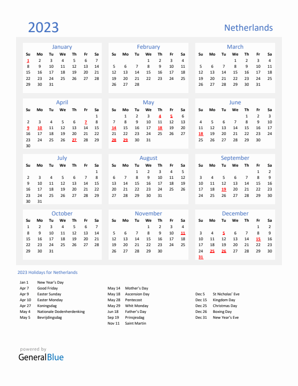 Basic Yearly Calendar with Holidays in The Netherlands for 2023 