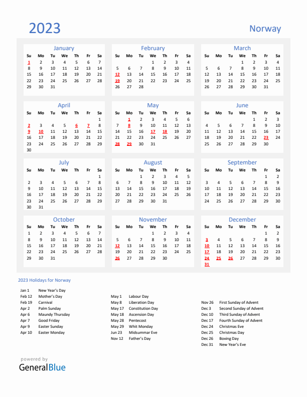 Basic Yearly Calendar with Holidays in Norway for 2023 
