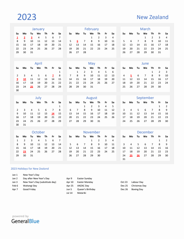 Basic Yearly Calendar with Holidays in New Zealand for 2023 