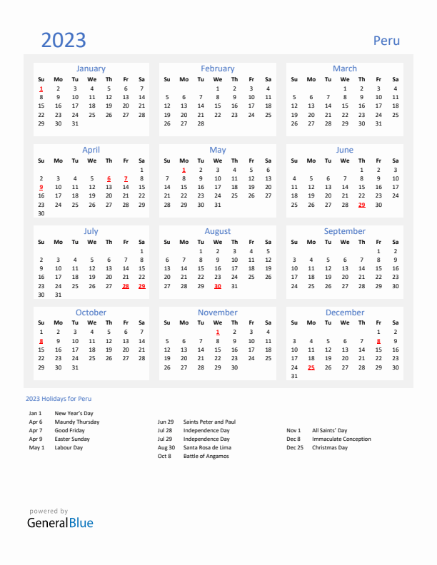 Basic Yearly Calendar with Holidays in Peru for 2023 