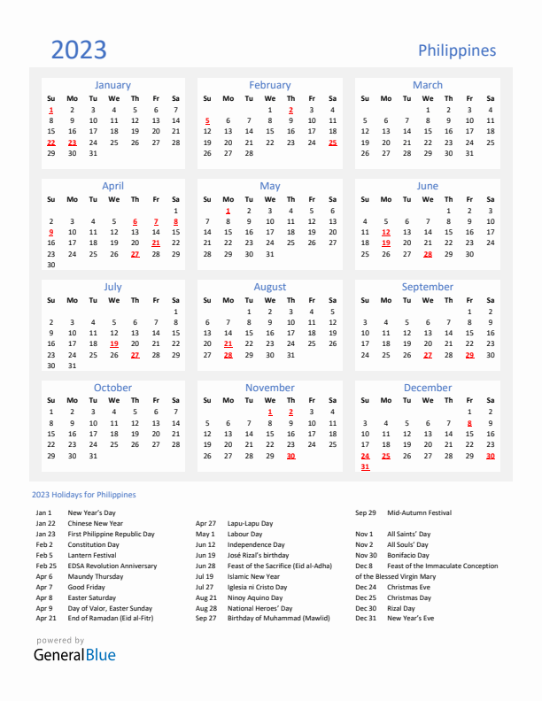 Basic Yearly Calendar with Holidays in Philippines for 2023 