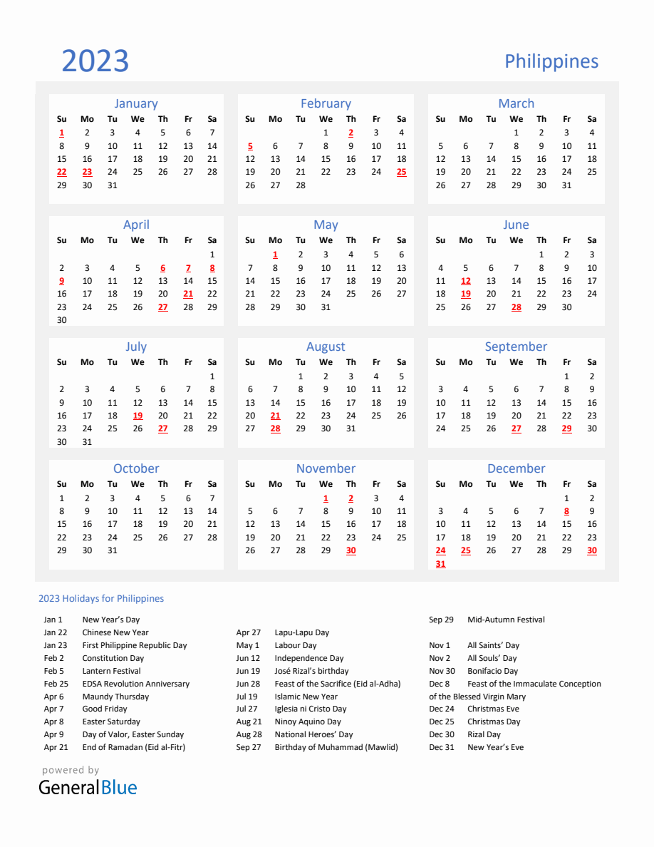 Basic Yearly Calendar with Holidays in Philippines for 2023