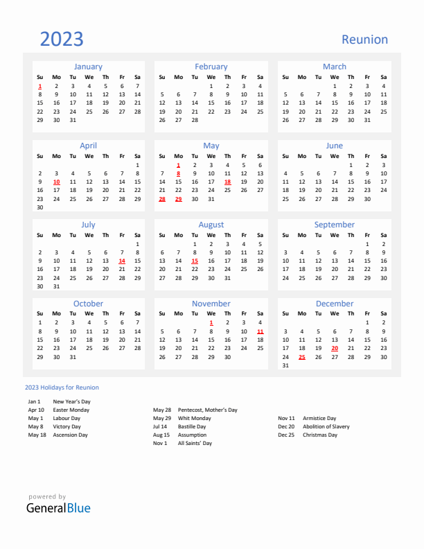 Basic Yearly Calendar with Holidays in Reunion for 2023 