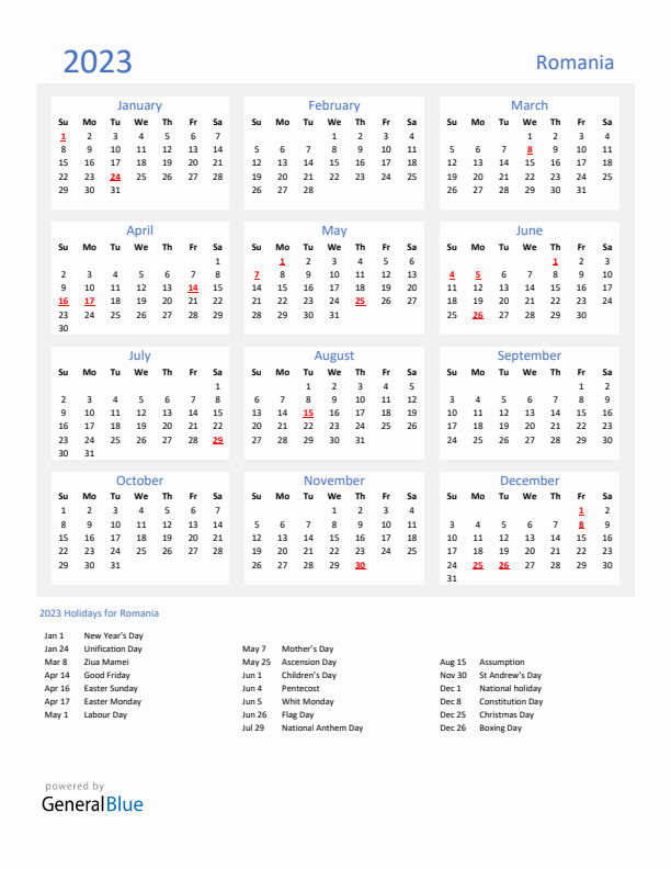 Basic Yearly Calendar with Holidays in Romania for 2023 