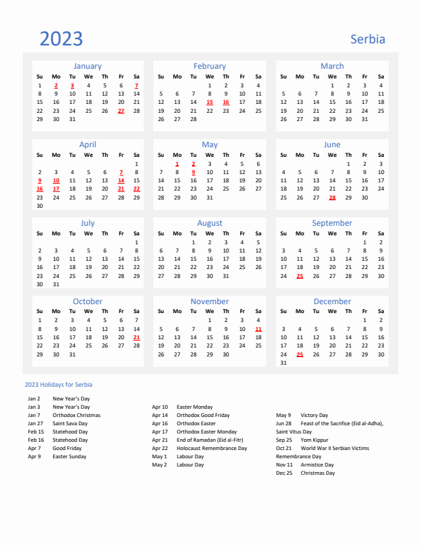 Basic Yearly Calendar with Holidays in Serbia for 2023 