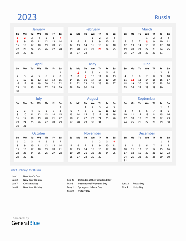 Basic Yearly Calendar with Holidays in Russia for 2023 