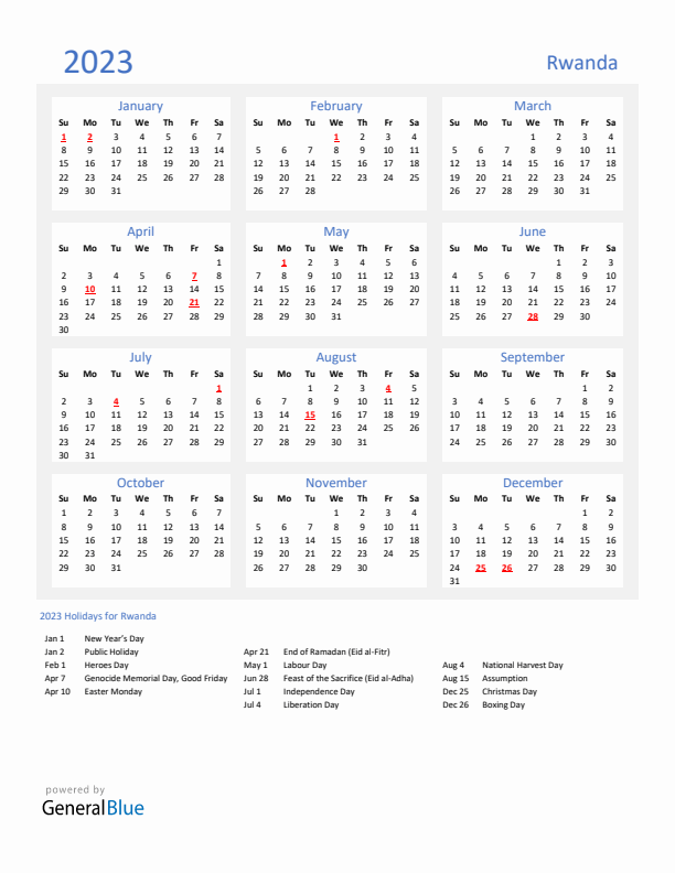 Basic Yearly Calendar with Holidays in Rwanda for 2023 