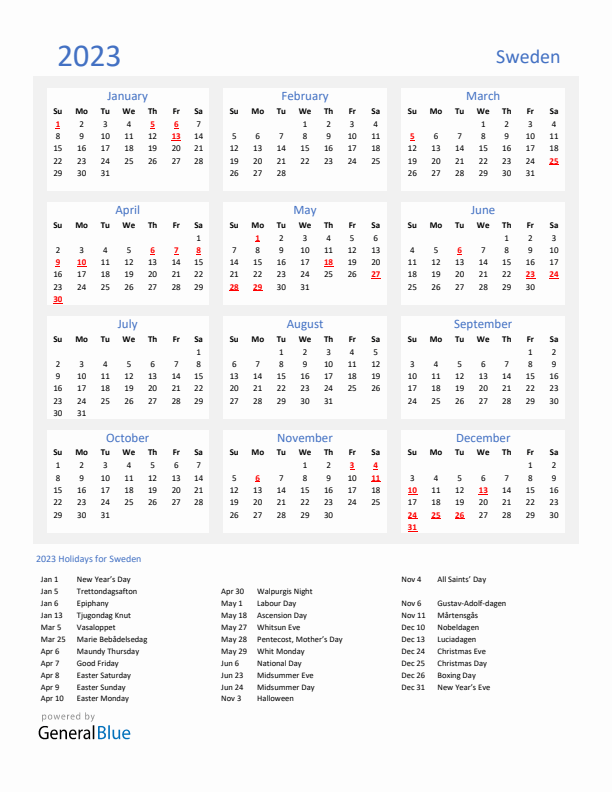 Basic Yearly Calendar with Holidays in Sweden for 2023 