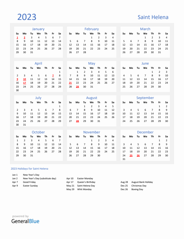 Basic Yearly Calendar with Holidays in Saint Helena for 2023 