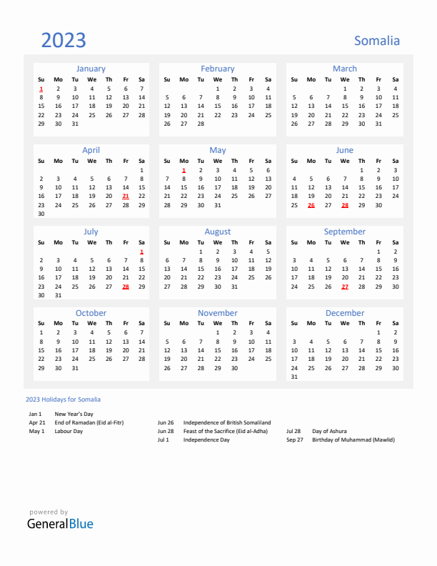 Basic Yearly Calendar with Holidays in Somalia for 2023 