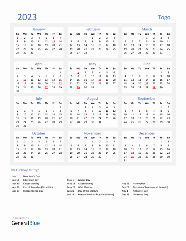 Basic Yearly Calendar with Holidays in Togo for 2023 