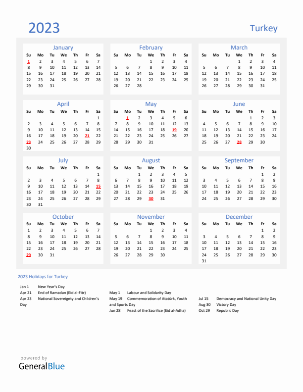 Basic Yearly Calendar with Holidays in Turkey for 2023 