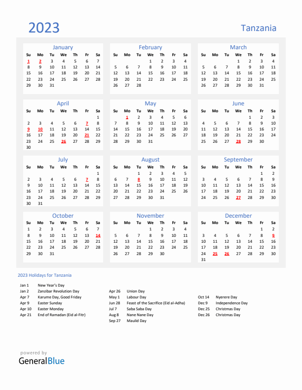 Basic Yearly Calendar with Holidays in Tanzania for 2023 