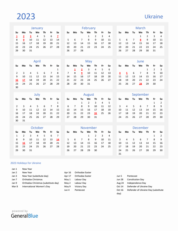 Basic Yearly Calendar with Holidays in Ukraine for 2023 