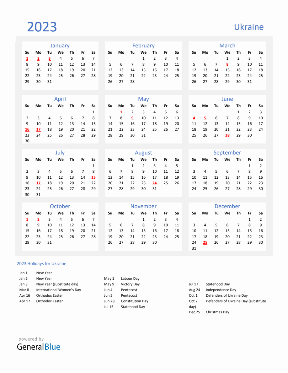 Basic Yearly Calendar with Holidays in Ukraine for 2023