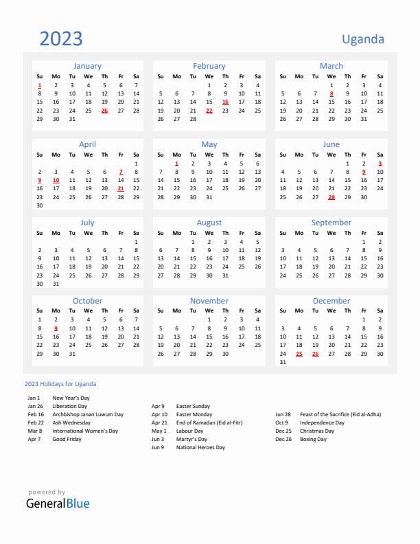 Basic Yearly Calendar with Holidays in Uganda for 2023 
