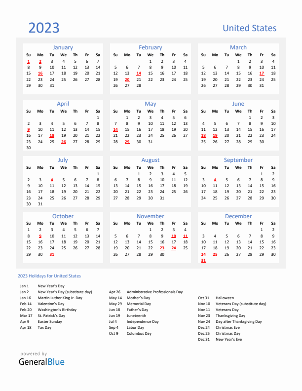 Basic Yearly Calendar with Holidays in United States for 2023 