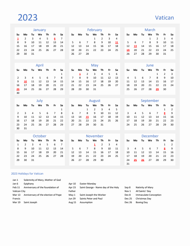 Basic Yearly Calendar with Holidays in Vatican for 2023 