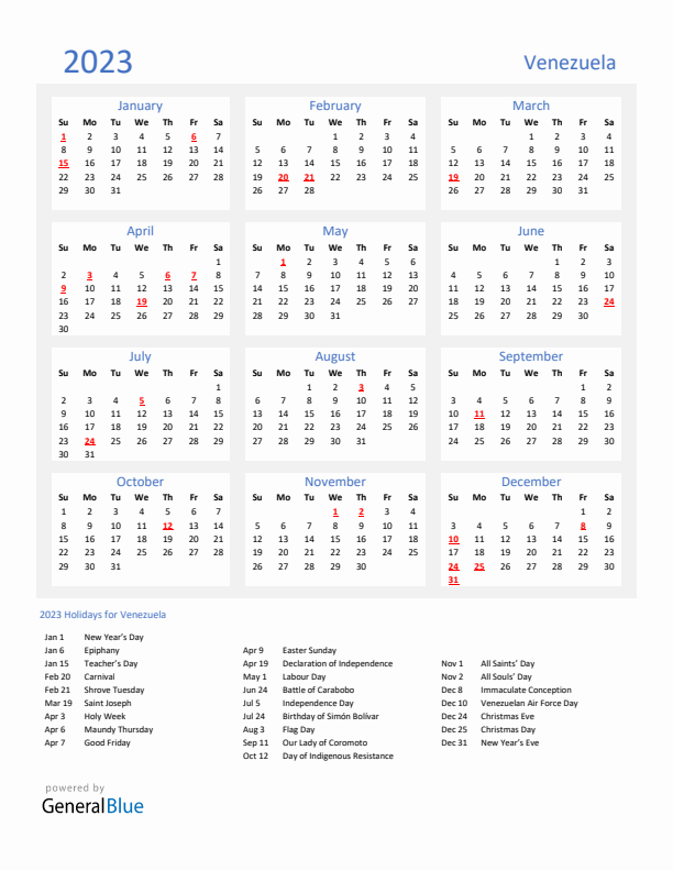 Basic Yearly Calendar with Holidays in Venezuela for 2023 