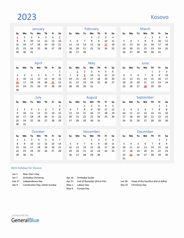 Basic Yearly Calendar with Holidays in Kosovo for 2023 