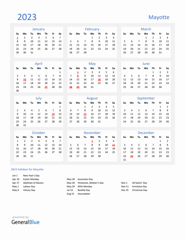 Basic Yearly Calendar with Holidays in Mayotte for 2023 