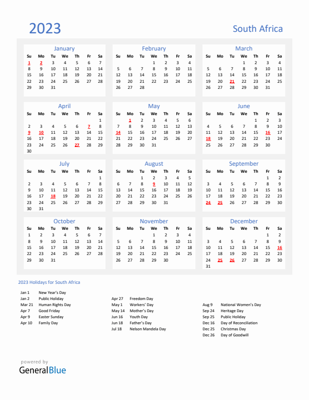 Basic Yearly Calendar with Holidays in South Africa for 2023 