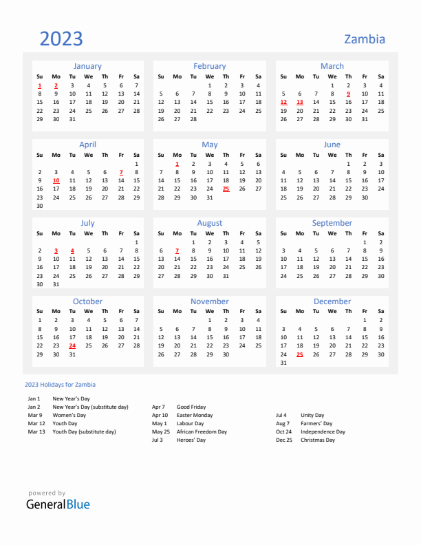 Basic Yearly Calendar with Holidays in Zambia for 2023 