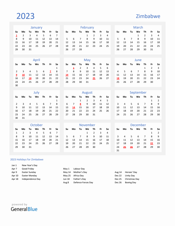 Basic Yearly Calendar with Holidays in Zimbabwe for 2023 