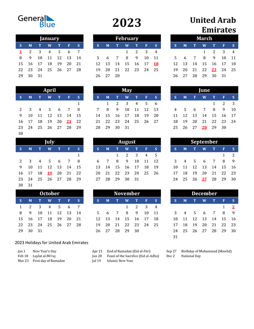 2023 United Arab Emirates Free Calendar