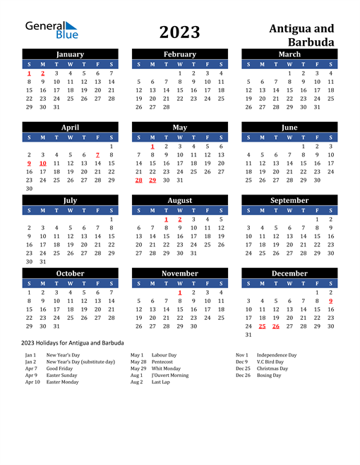 2023 Antigua and Barbuda Free Calendar