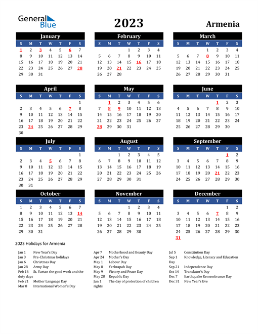 2023 Armenia Free Calendar