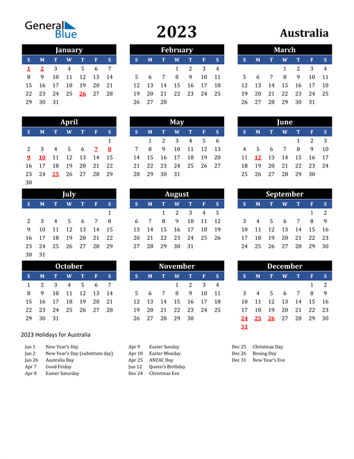Free Printable Calendars 2023 Australia