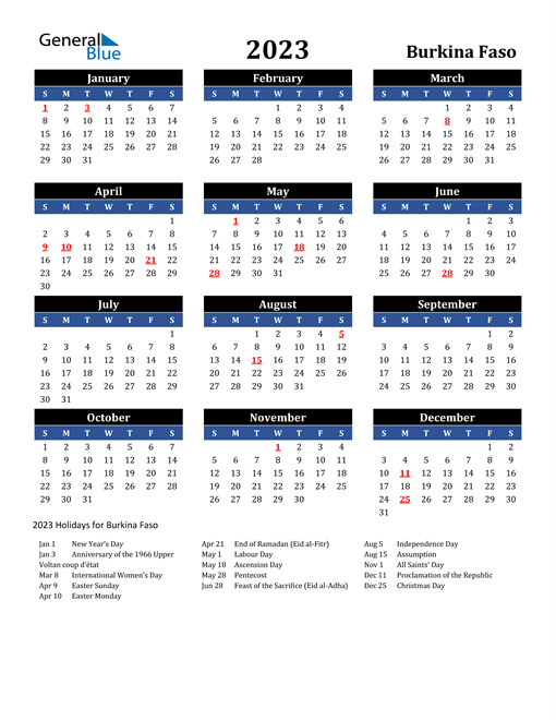 2023 Burkina Faso Free Calendar