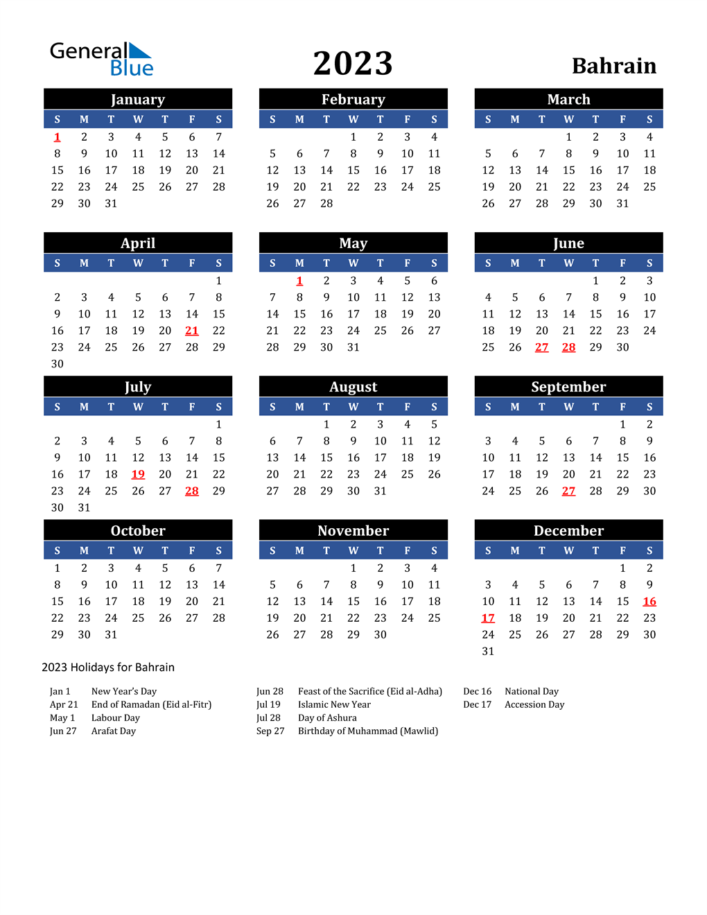 2023 Bahrain Calendar with Holidays