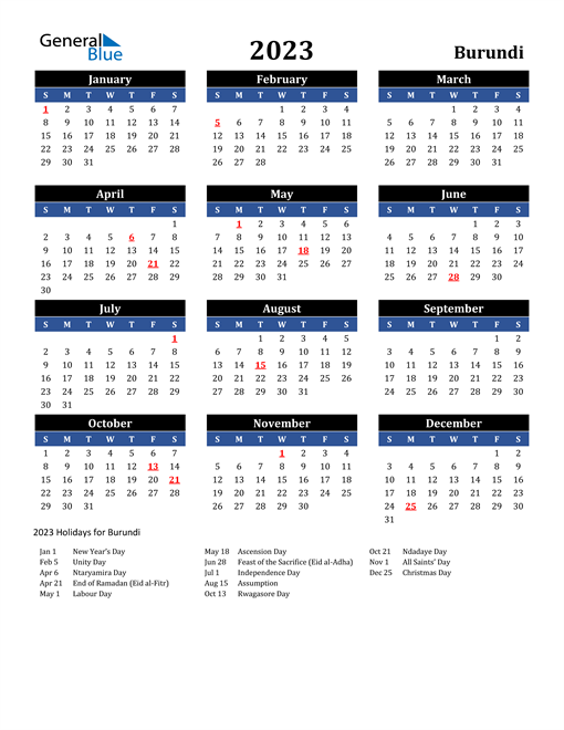 2023 Burundi Free Calendar